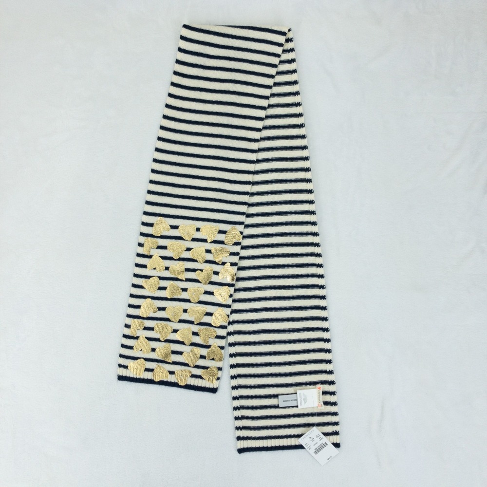 Crewcuts Wool Blend Scarf Kids One Size Blue White Striped Gold Hearts New